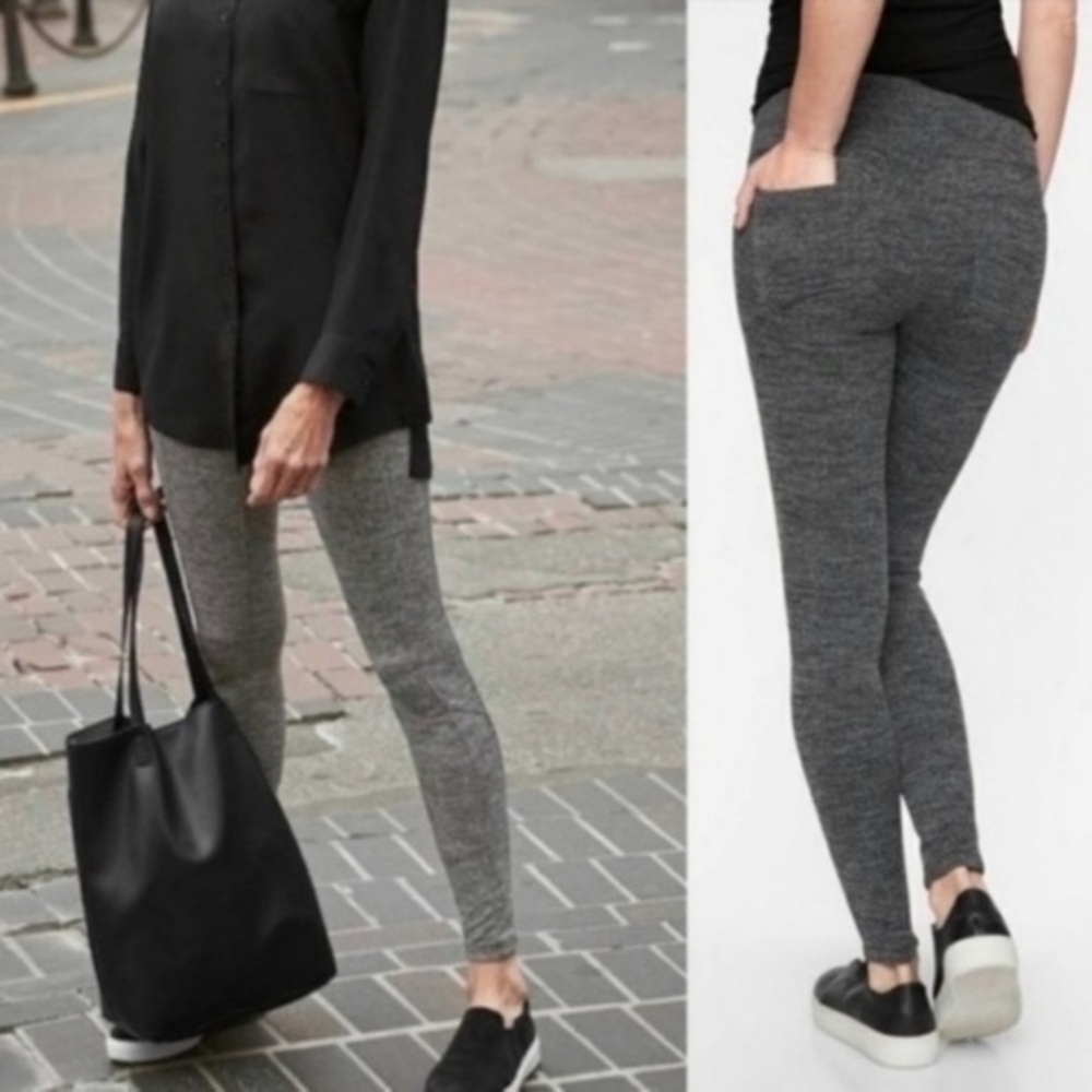 Athleta XS‎ Gray Herringbone Tights Leggings with Pockets Athleisure Casual